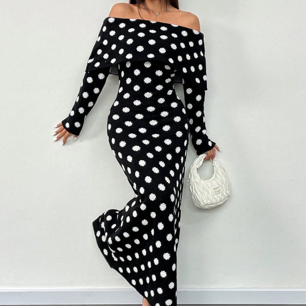 Elegant Multicolor Women's Off-Shoulder Polka Dot Maxi Sweater Dress